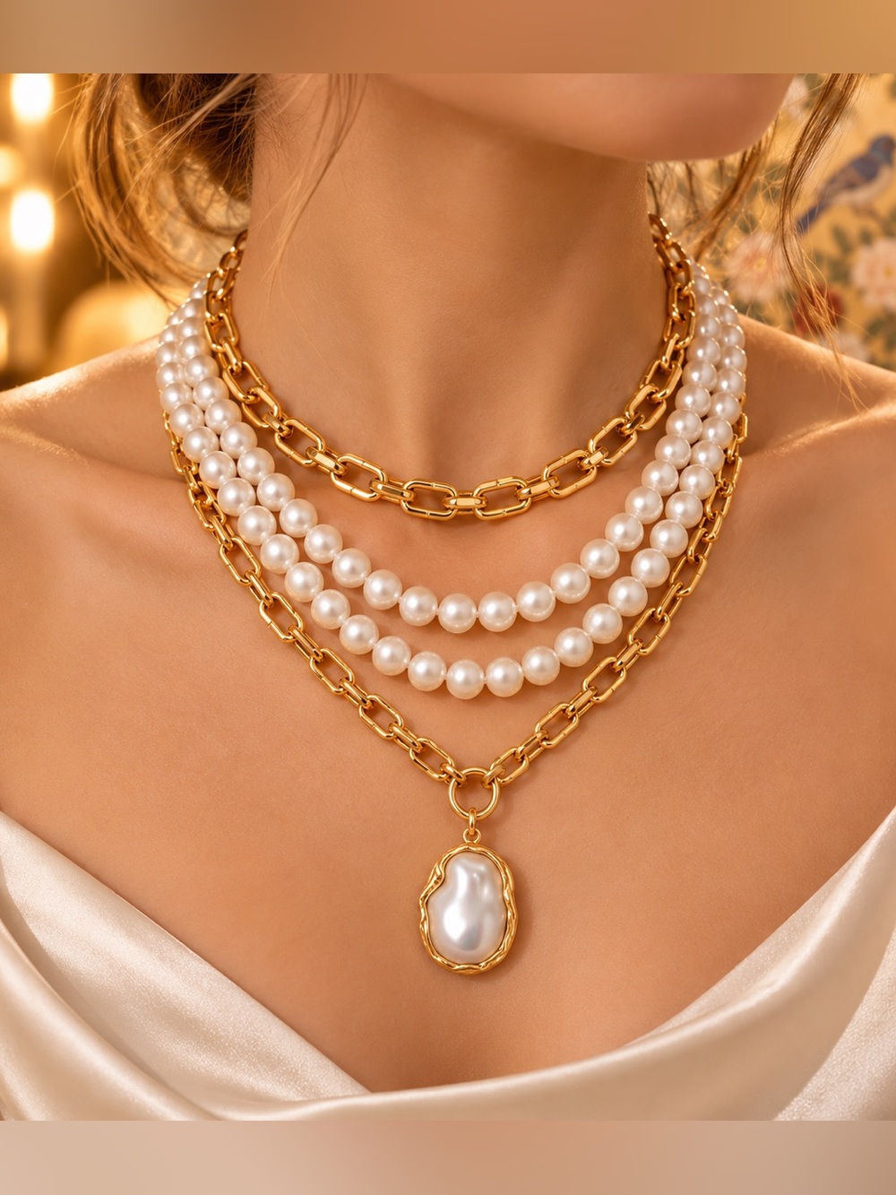 Layered Pearl Chain Pendant Statement Necklace